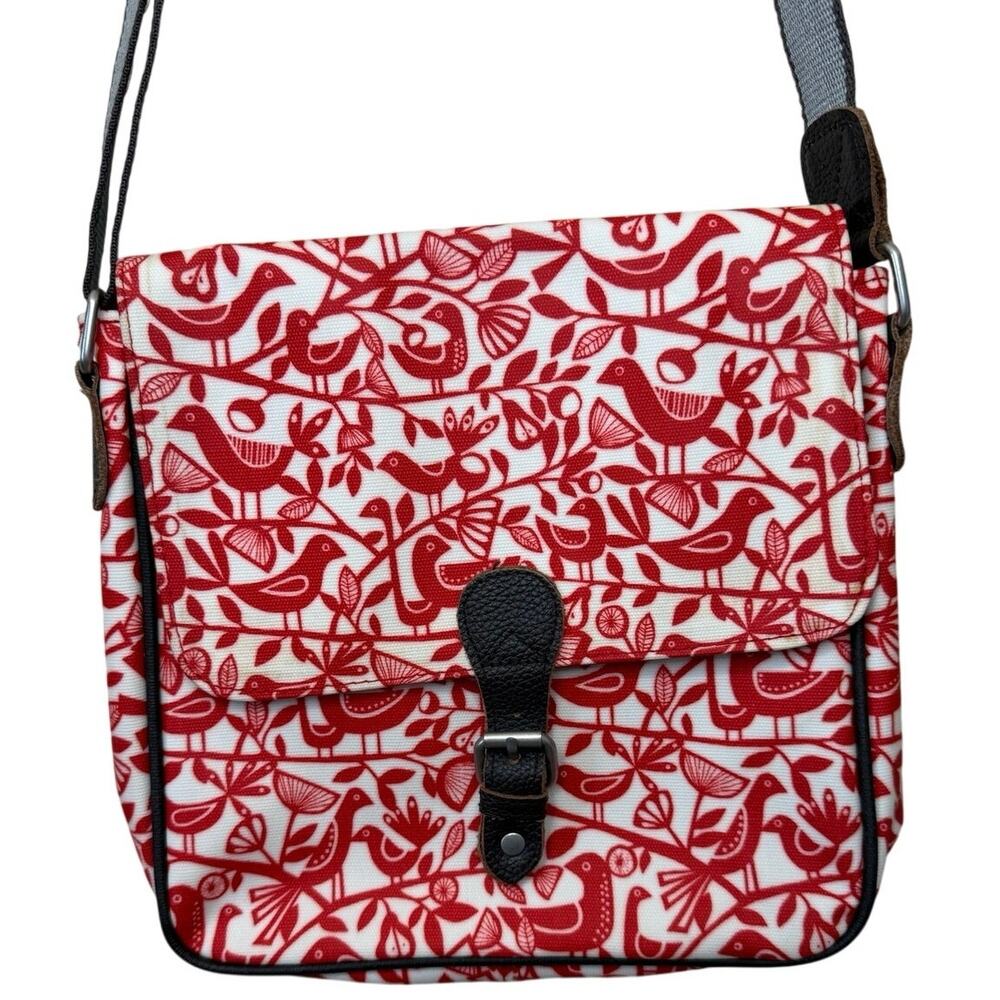 Nicky James Boho Bird & Pear Print Red & White Cross Body Bag Laminated Canvas